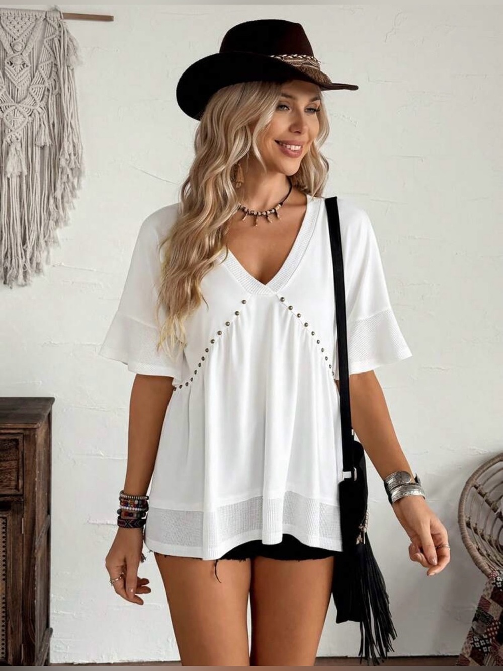 LanaWest Women's Western Casual White Patchwork V-Neck Short Sleeve Top (XL)